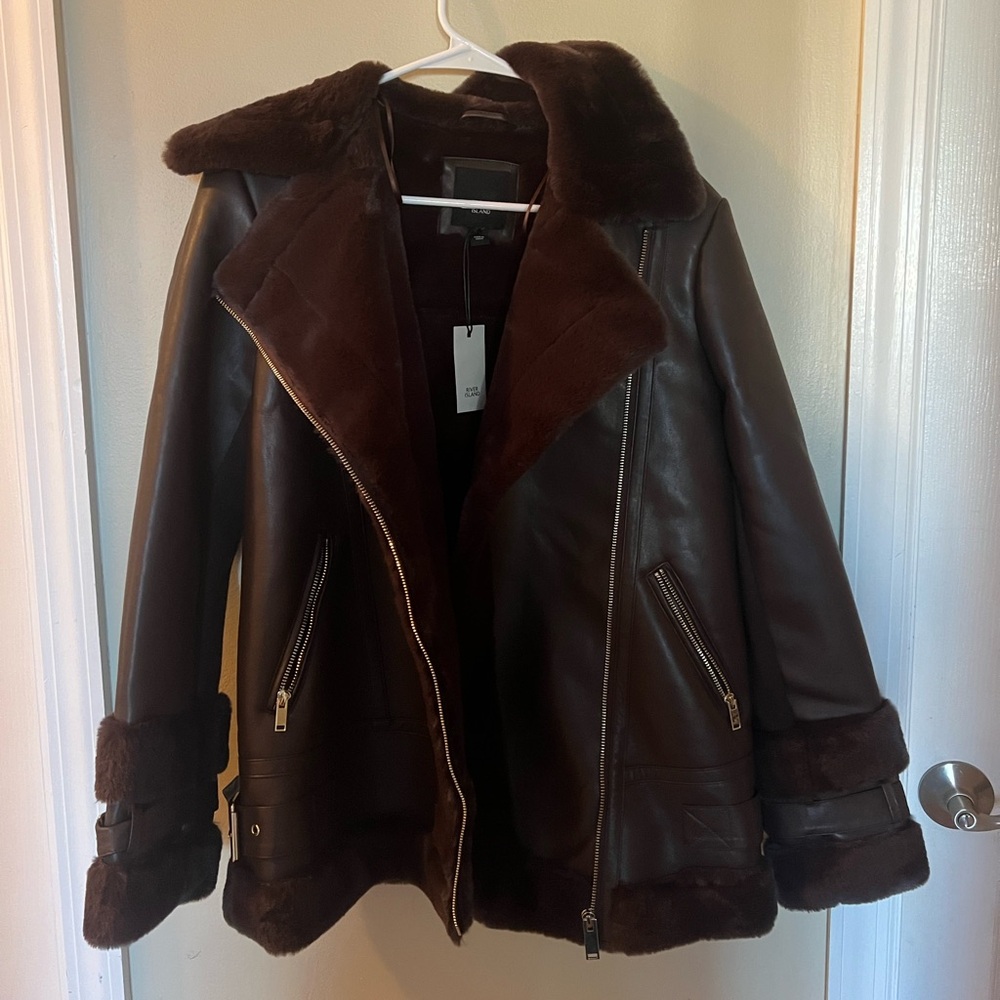 River Island Brown Leather Moto Jacket with Fur